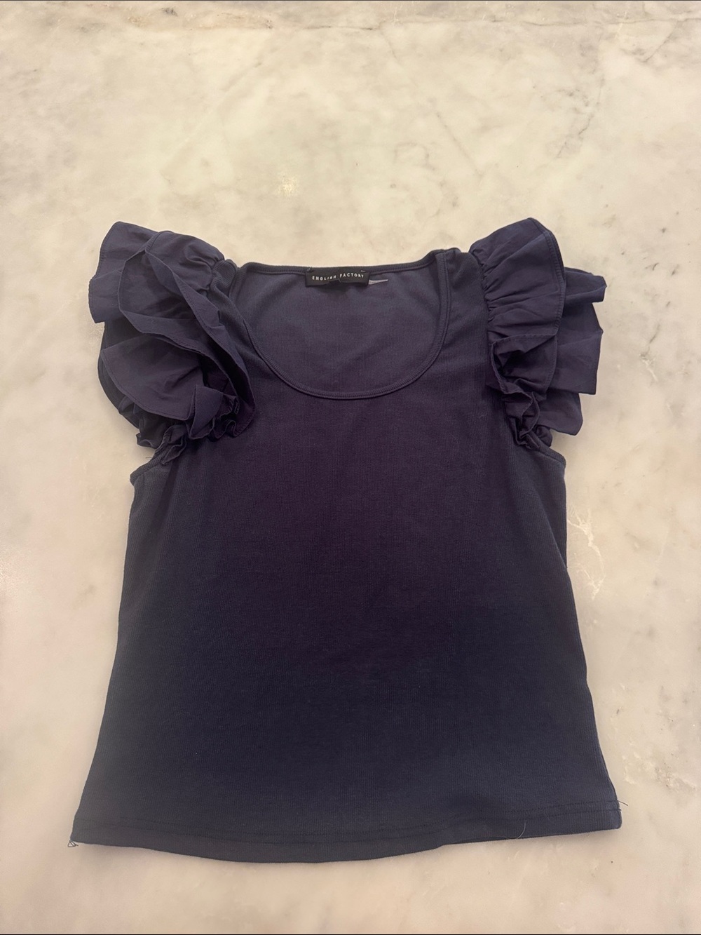 Ruffle Sleeve Scoop Neck Women's Top - Navy